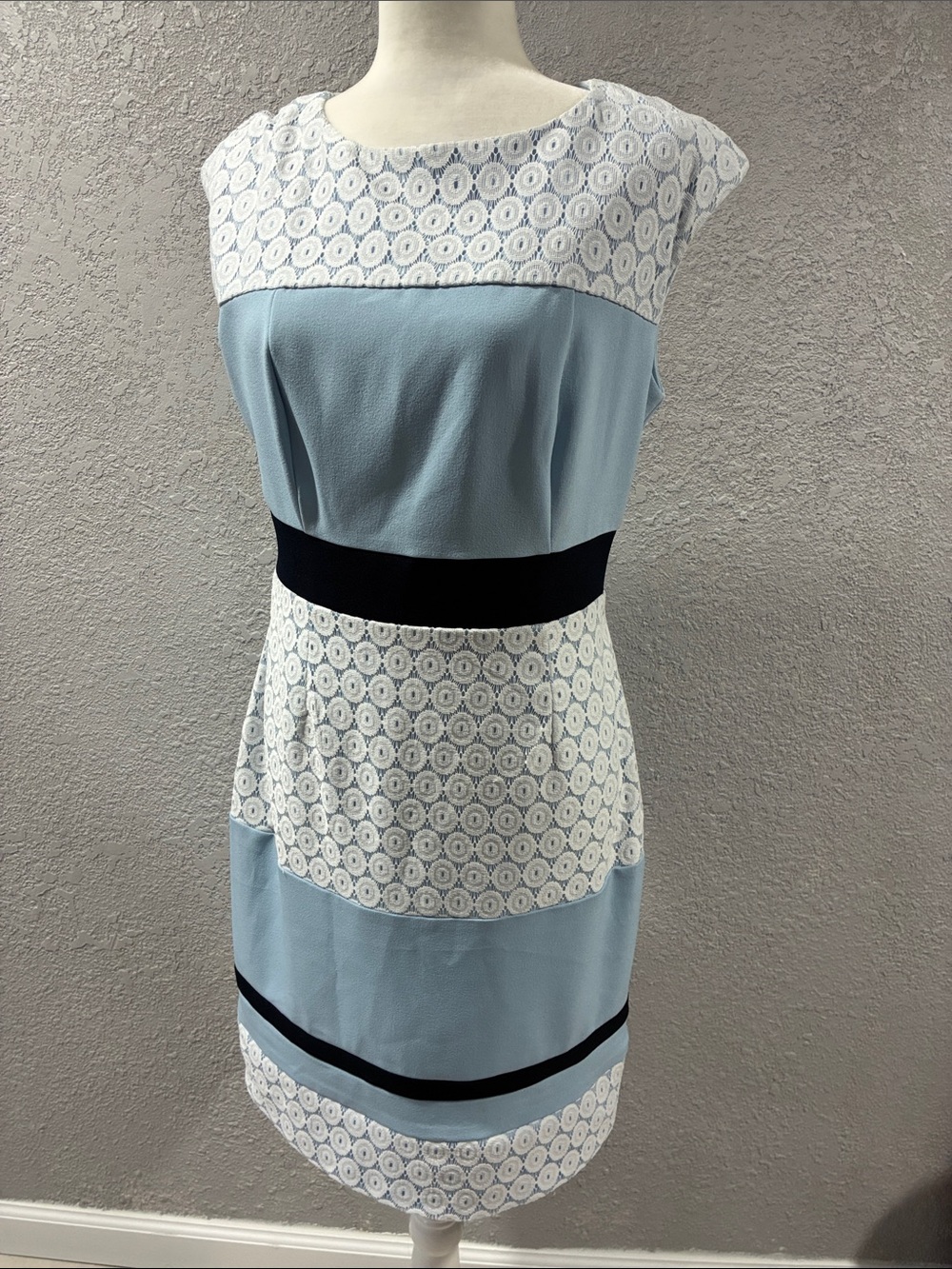 Light Blue & White Lace Sheath Dress with Black Waistband